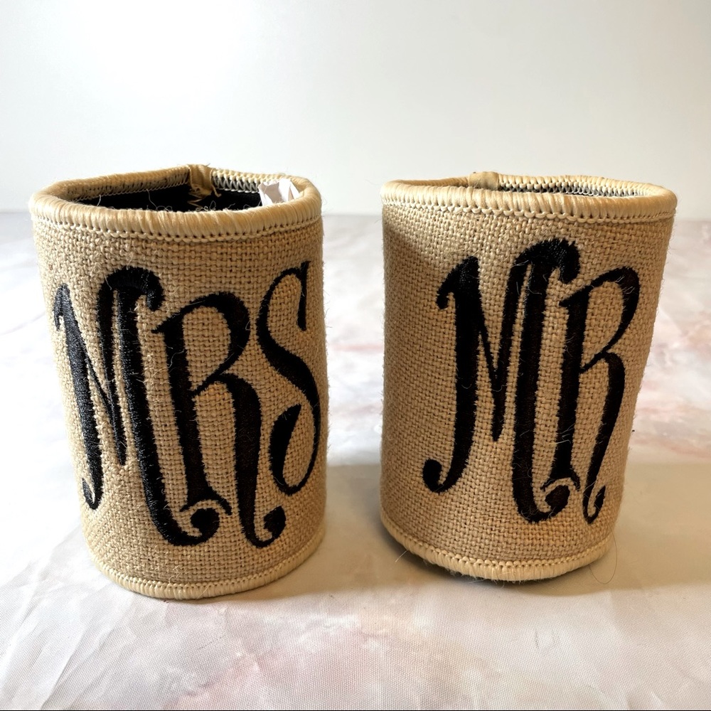 Mrs. & Mr. Burlap Embroidered Coozies for Weddings